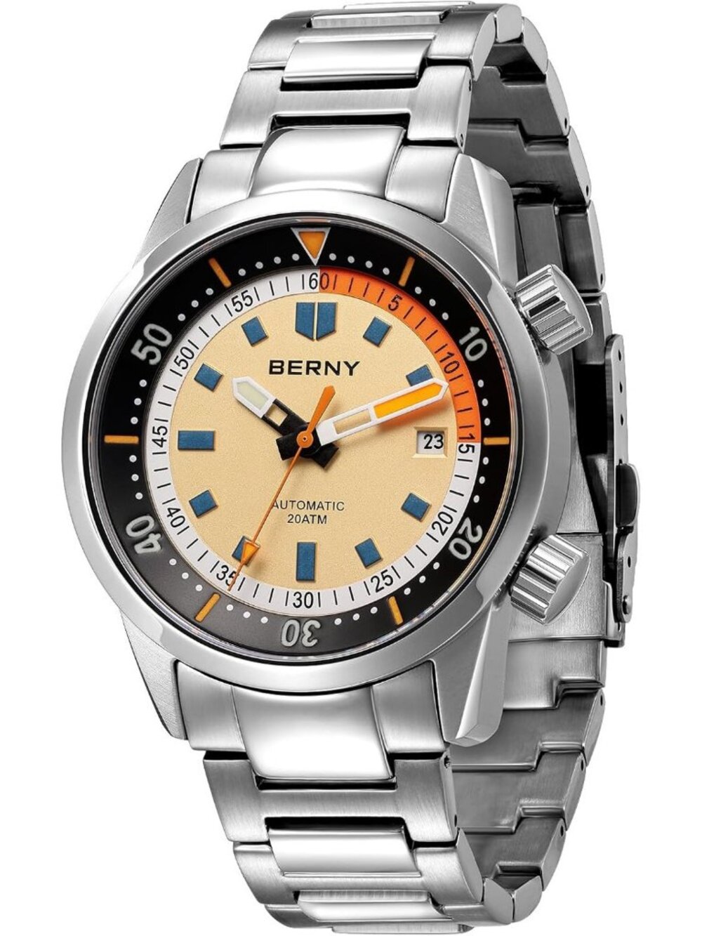 Men's Beige Mechanical Movement Screw-in Crown Waterproof Luxury Wrist Watch
